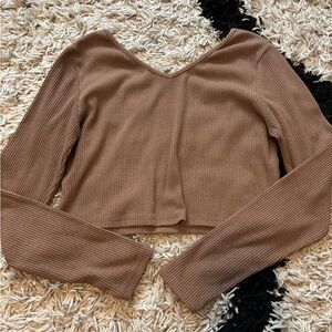 SHEIN Brown Ribbed V-Neck Long Sleeve Blouse